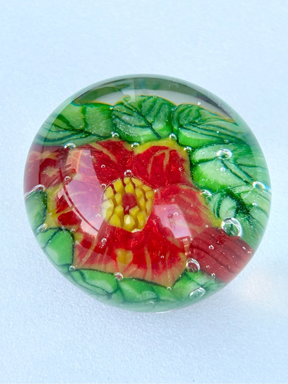 Handmade Floral Glass Paperweight with Red Flower